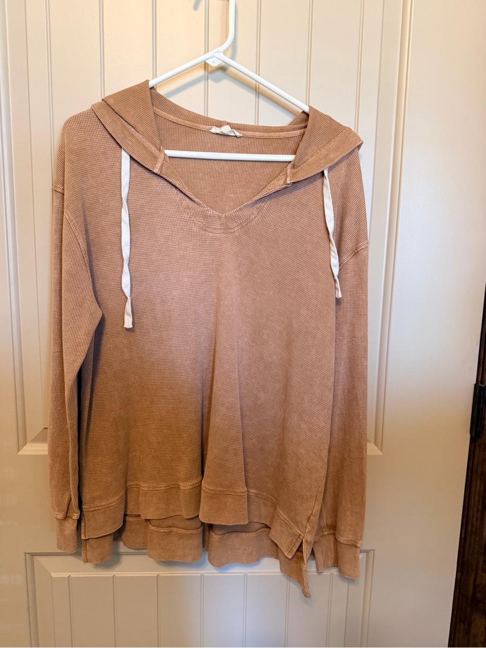 Jane and Delancey Tan V-Neck Hooded Pullover with Drawstrings